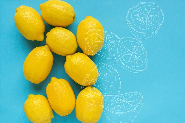 Top View Ripe Yellow Lemons Blue Background — Stock Photo, Image