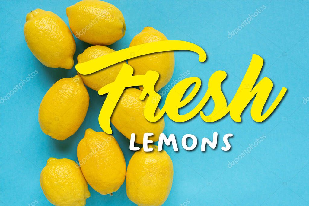 Top view of ripe yellow lemons on blue background, fresh lemons illustration