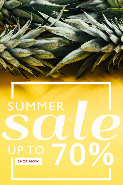 green pineapple leaves on yellow background with summer sale illustration
