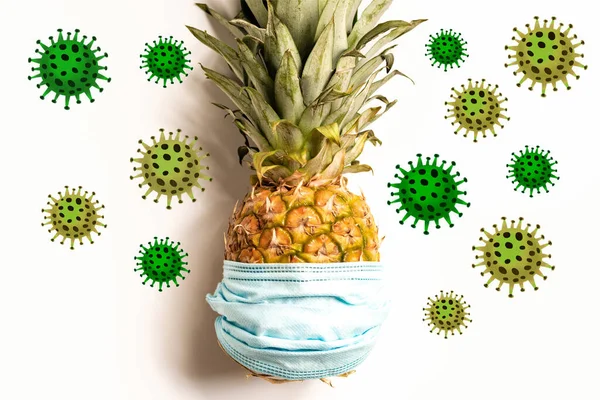 Top View Ripe Pineapple Medical Mask White Background Bacteria Illustration — Stock Photo, Image