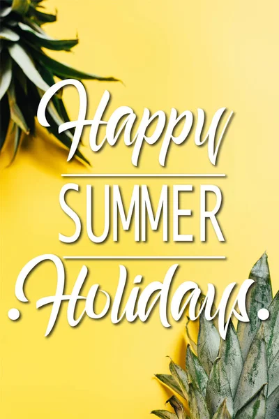 緑のパイナップルの葉の選択的な焦点幸せな夏休みのイラストと黄色の背景 — ストック写真