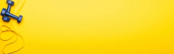 Sarı Zemin Üzerinde Mavi Dambıl Direnç Bandı Üst Görünümü Panoramik — Stok fotoğraf