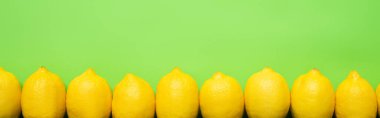 top view of ripe yellow lemons on green background with copy space, panoramic crop clipart