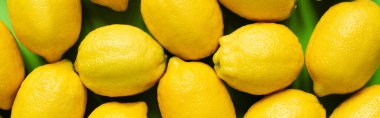 top view of ripe yellow lemons on green background, panoramic crop clipart