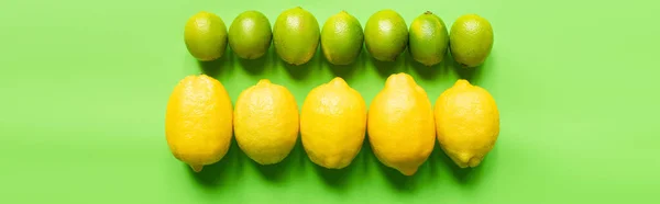 Плоский Лежав Стиглими Лимонами Лімітами Зеленому Фоні Панорамний Урожай — стокове фото