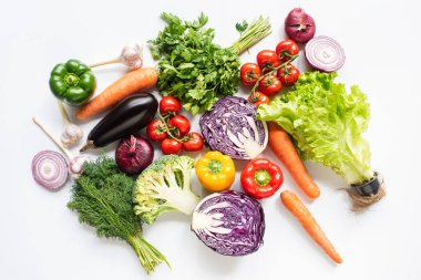top view of colorful assorted fresh vegetables on white background clipart