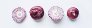 top view of cut and whole red onion on white background, panoramic shot clipart