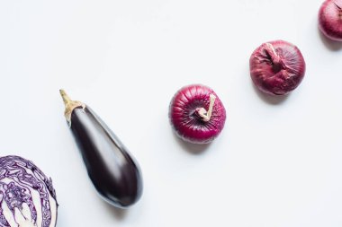 flat lay with red onion, red cabbage, eggplant on white background clipart