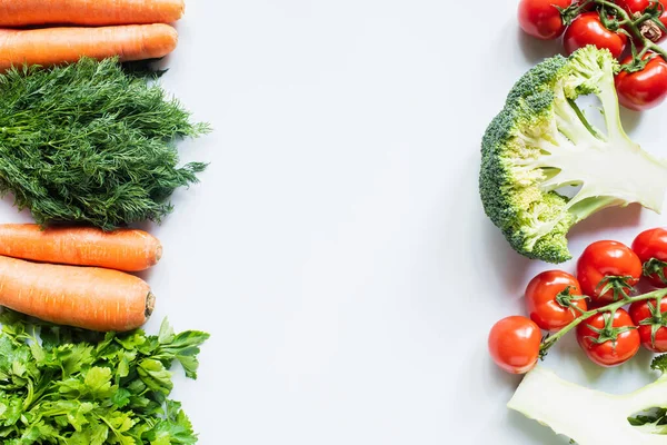 Bordes Eneldo Colorido Perejil Zanahorias Brócoli Tomates Sobre Fondo Blanco — Foto de Stock