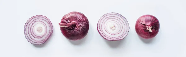 Top View Cut Whole Red Onion White Background Panoramic Shot — Stock Photo, Image