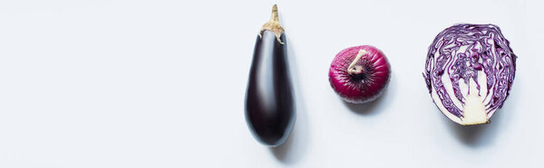 flat lay with red onion, red cabbage, eggplant on white background, panoramic shot