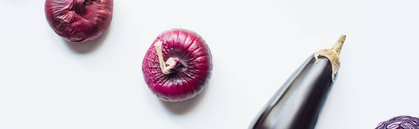 flat lay with red onion, eggplant on white background, panoramic shot