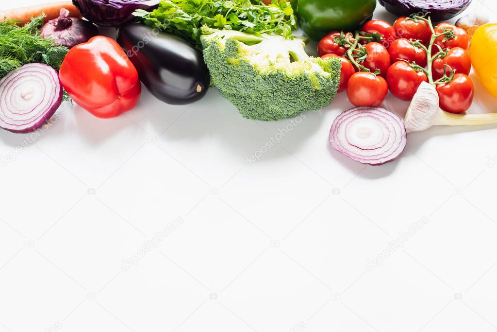 fresh ripe colorful vegetables on white background with copy space