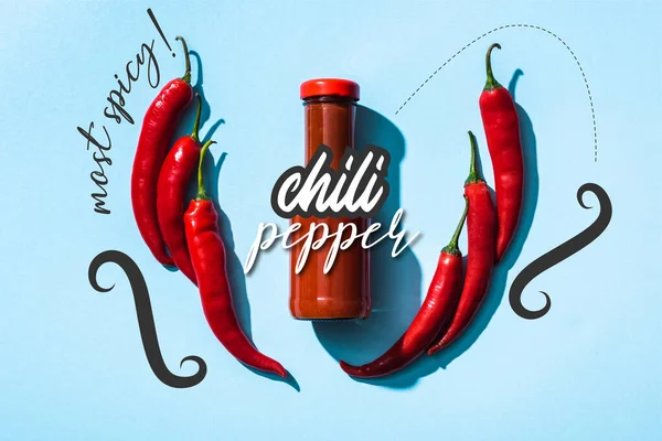 Top View Tomato Sauce Bottle Chili Pepper Most Spicy Lettering — Stock Photo, Image