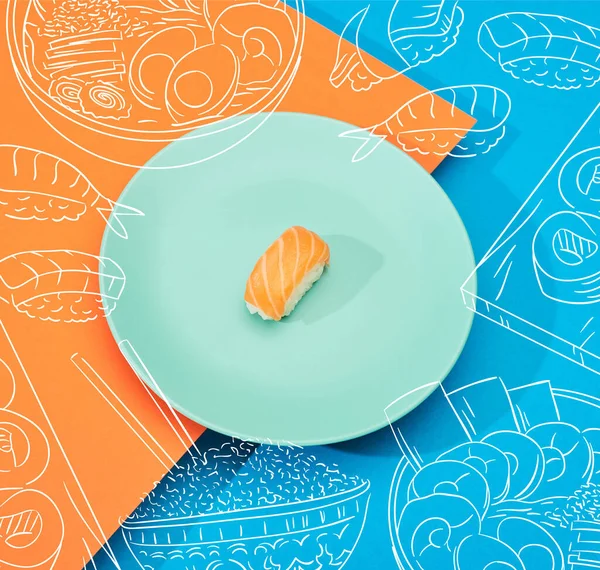 Verse Nigiri Met Zalm Bij Illustratie Blauw Oranje Oppervlak — Stockfoto