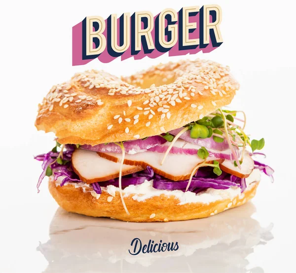 Fresh Bagel Meat Red Onion Cream Cheese Sprouts Burger Delicious — Stock Photo, Image