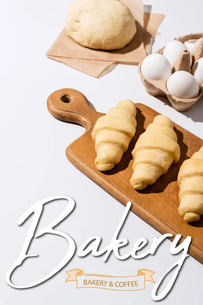 Raw Croissants Wooden Cutting Board Eggs Dough Bakery Coffee Lettering — Stock Photo, Image