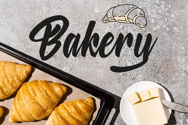 Top View Baked Croissants Baking Tray Butter Knife Bakery Lettering — Stock Photo, Image