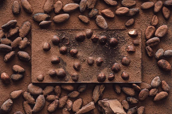 Vista superior de la barra de chocolate con avellanas rodeada de nutmegs cubiertos por chocolate rallado - foto de stock
