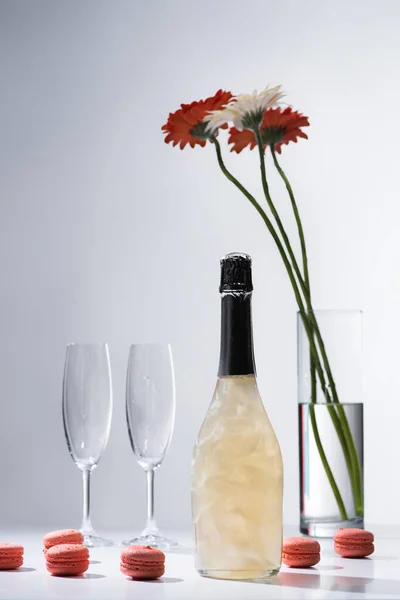 Vista de cerca de macarrones, copas vacías, botella de champán y ramo de flores de gerberas sobre fondo gris - foto de stock