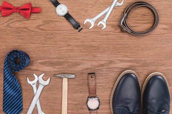 Top view of various male attributes on wooden surface — Stock Photo