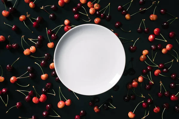 Vista superior da placa branca redonda vazia e cerejas maduras doces no fundo preto — Fotografia de Stock