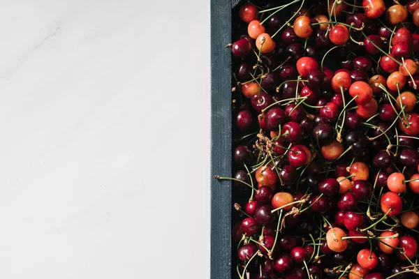 Vue de dessus de savoureuses cerises biologiques saines en boîte en bois sur blanc — Photo de stock