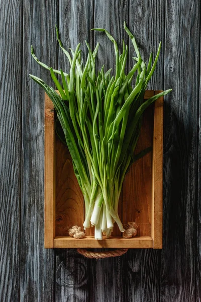 Top view of bunch of ripe leeks in box on wooden tabletop — Stock Photo