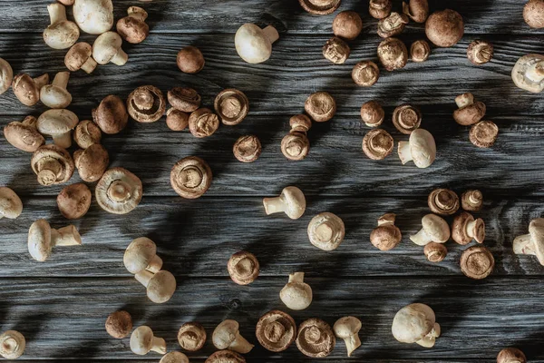 Top view of uncooked champignon mushrooms spilled on wooden surface — Stock Photo