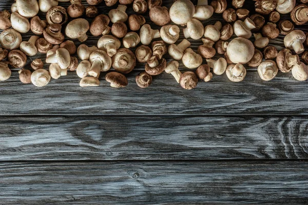 Draufsicht auf verschiedene rohe Champignon-Pilze auf Holzoberfläche — Stockfoto