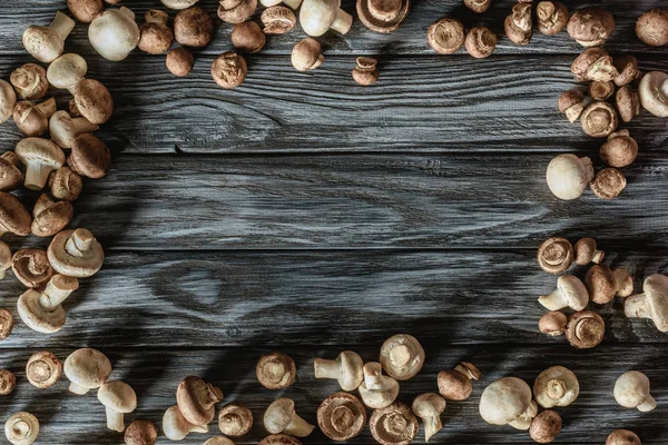 Vista dall'alto della cornice realizzata con funghi champignon sulla superficie in legno — Foto stock