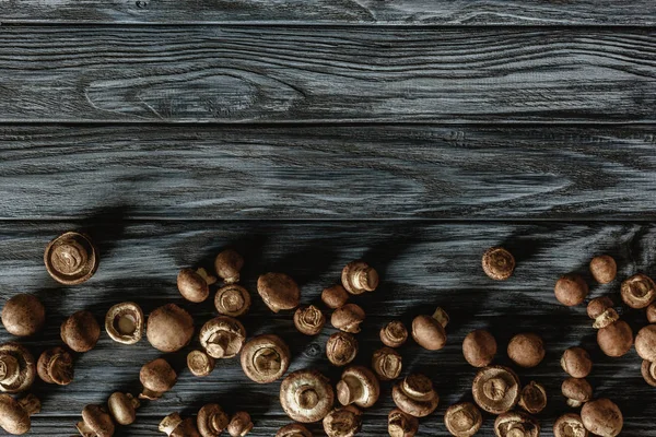 Vista dall'alto dei funghi champignon fila su superficie di legno grigio — Foto stock