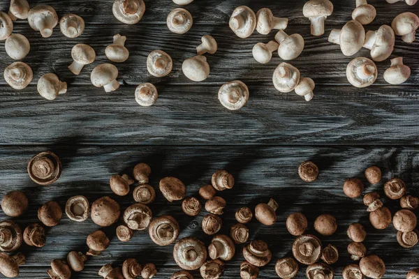 Vista superior de champiñones separados blancos y marrones sobre superficie de madera - foto de stock