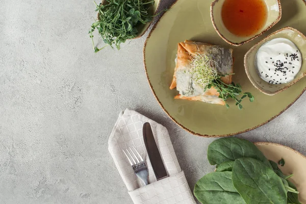 Composición de alimentos con samosas en masa de filo rellenas de espinacas y paneer decoradas con semillas germinadas de alfalfa y girasol servidas en plato sobre mesa gris - foto de stock