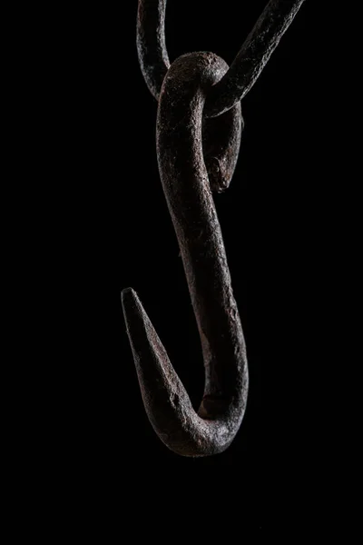 Close up view of vintage rusty hook isolated on black — Stock Photo