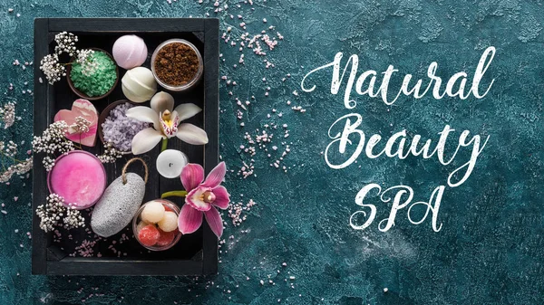 Top view of sea salt and organic spa accessories in box and inscription natural beauty spa — Stock Photo