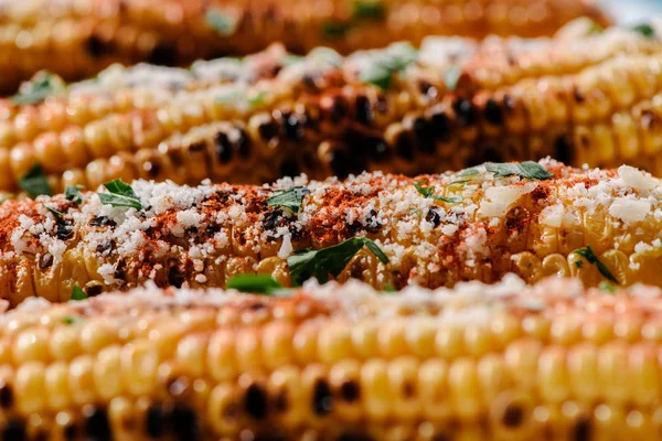 Selective focus of delicious grilled corn with salt, parsley and chili spice — Stock Photo