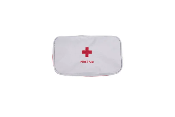 Top view of white automotive first aid kit isolated on white — Stock Photo