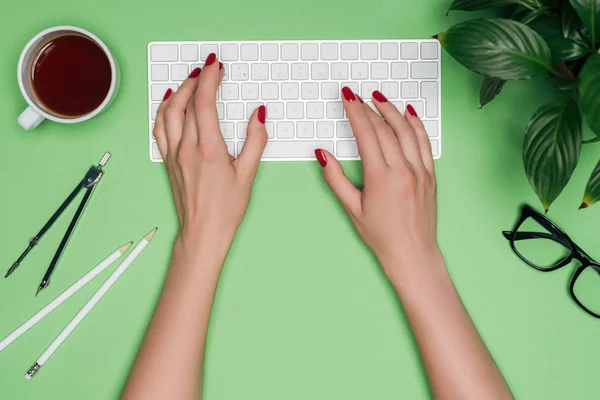 Imagem recortada do arquiteto feminino digitando no teclado do computador à mesa com café, planta e divisor — Fotografia de Stock