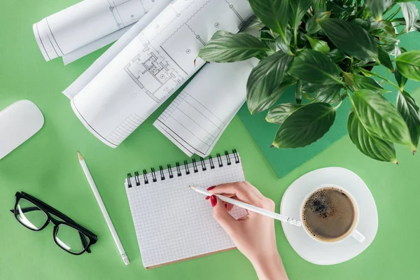 Immagine ritagliata di architetto donna che scrive in un libro di testo vuoto a tavola con caffè, bluerints e pianta — Foto stock