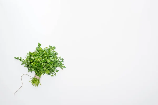 Ansicht von oben grüne Petersilie mit Seil gebunden isoliert auf weiß — Stockfoto