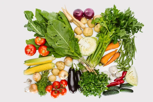 Flat lay with various autumn vegetables arranged isolated on white — Stock Photo