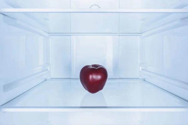 One burgundy apple on shelf in fridge — Stock Photo