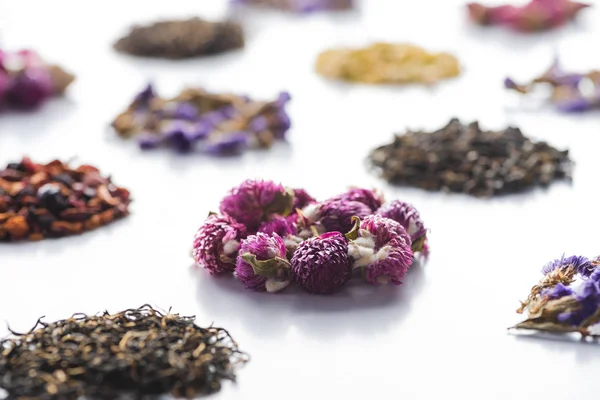 Conjunto de té seco a base de hierbas orgánicas en la mesa blanca - foto de stock