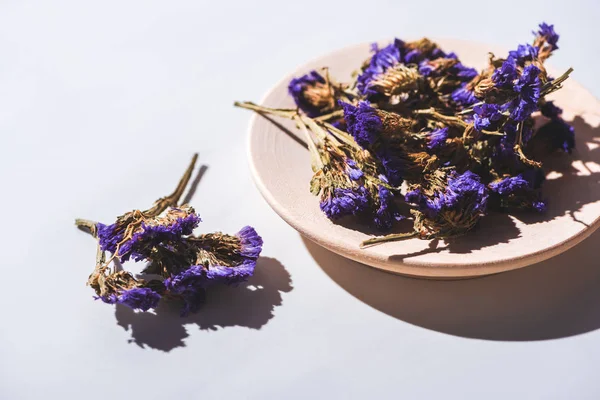 Dried pea flowers on plate and white tabletop — Stock Photo