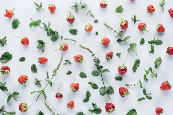 Vue de dessus des fraises fraîches avec des feuilles de menthe sur la table blanche — Photo de stock