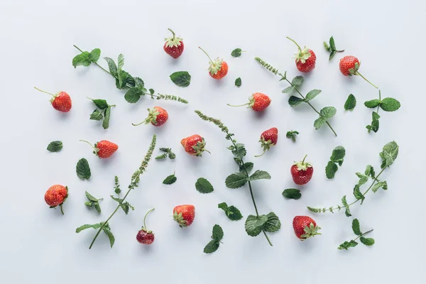 Vista dall'alto di fragole con foglie di menta su un tavolo bianco — Foto stock