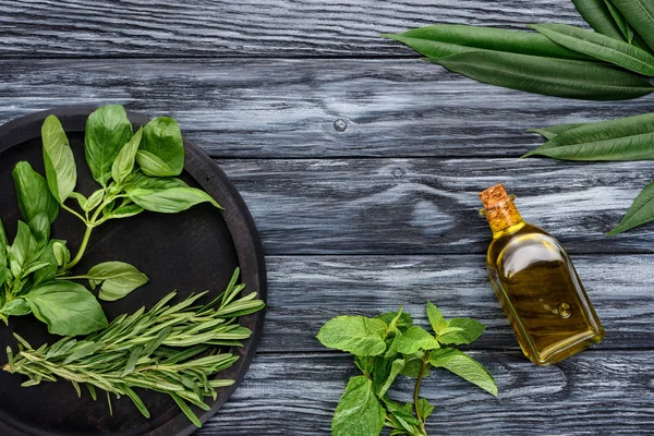 Повышенный вид бутылки с натуральным растительным эфирным маслом и зелеными листьями на деревянном столе — стоковое фото