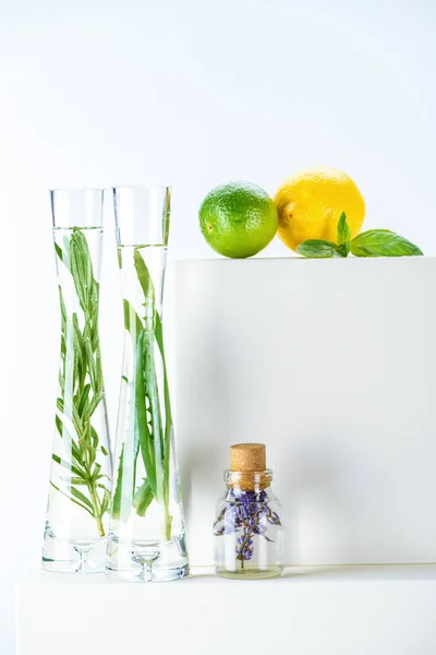 Transparent bottle and vases of natural herbal essential oils and lime with lemon on white surface — Stock Photo