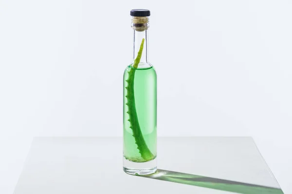 Bottle of natural herbal essential oil with aloe vera on white cube — Stock Photo